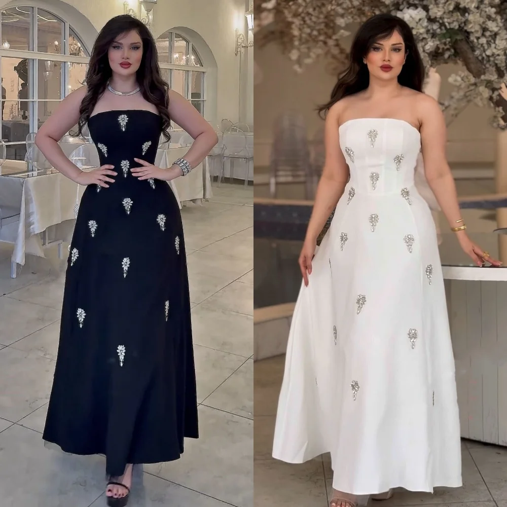 

Customized Classic Retro Jersey Rhinestone Pleat A-line Strapless Long Dresses Bespoke Occasion Dresses High Quality Fashion