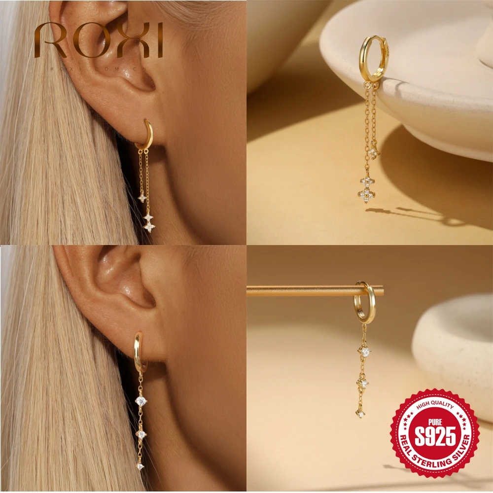 ROXI 1PC S925 Silver Multi Star CZ Dangle Huggie Hoop Tassel Chain Cartilage Piercing Minimalist Drop Daily Earring