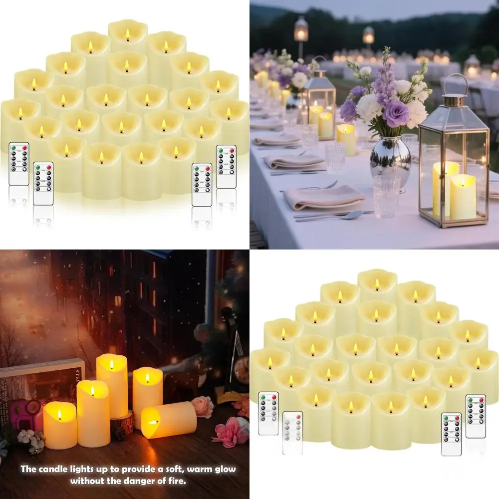

Светодиодные свечи на батарейках с пультом ДУ и таймером, набор из 24 штук, мерцающий свет, пластиковые свечи-столбики цвета слоновой кости, размеры 3x3, 4, 5