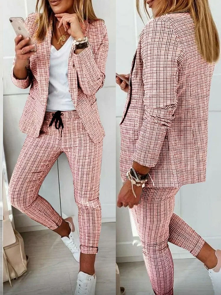 New Autumn Winter Plaid Printing Two Piece Sets Women Casual Notched Collar Blazer & Pants Set Outfits Fashion Elegant Suit Sets