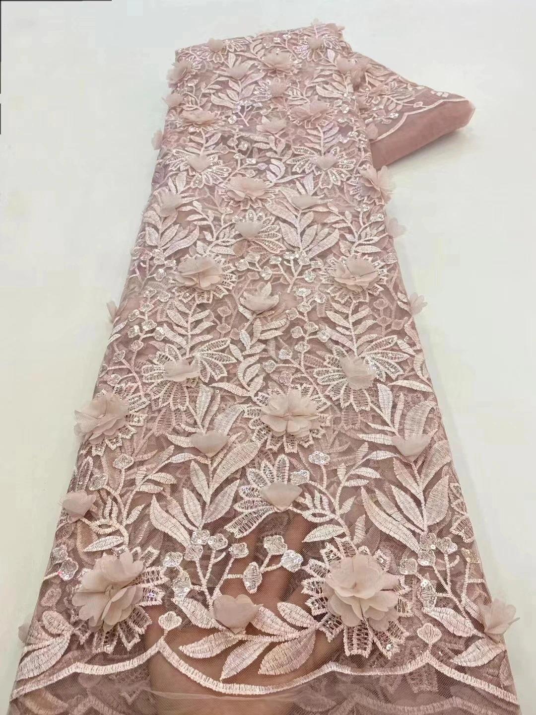 

2024 Latest Pink 3D Flower French Mesh Lace Fabric For Bride African Tulle Lace Fabric For Wedding Party Dress Sewing KXX24102