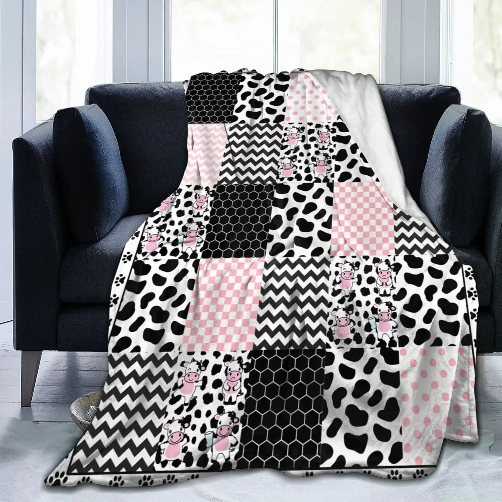 Cow Print Blanket Black White Bed  Throws Soft Couch Warm Small Blankets Plush Gift for Daughter Mom, Bedroom Decor Sofa Cozy