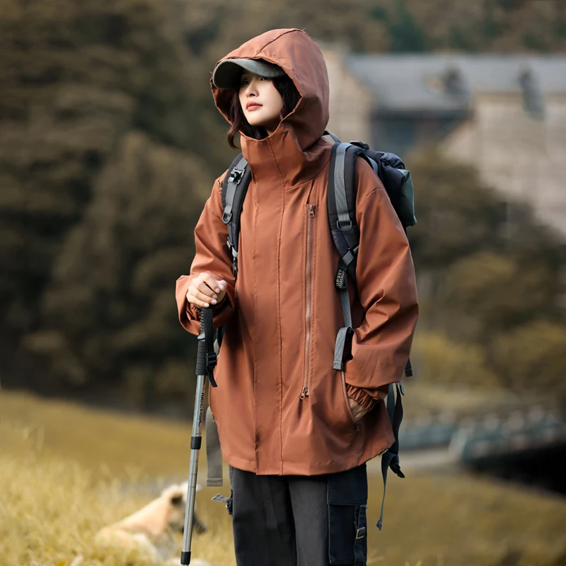 

Hooded Windbreaker Jacket Women Harajuku Long Sleeve Zipper Sport Cargo Coats Outdoor Loose Autumn Waterproof Hiking Jackets Men
