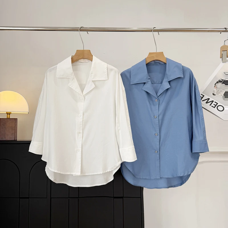 

Повседневная хлопковая рубашка с воротником, женская, свободного кроя, весенняя новинка, белая, удобная, дышащая, с рукавом 3/4