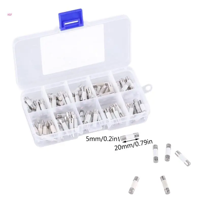ชุดหลอดแก้วเซรามิก 100 หลอดพร้อมที่เก็บฟิวส์แก้ว 250V ฟิวส์ละเอียด