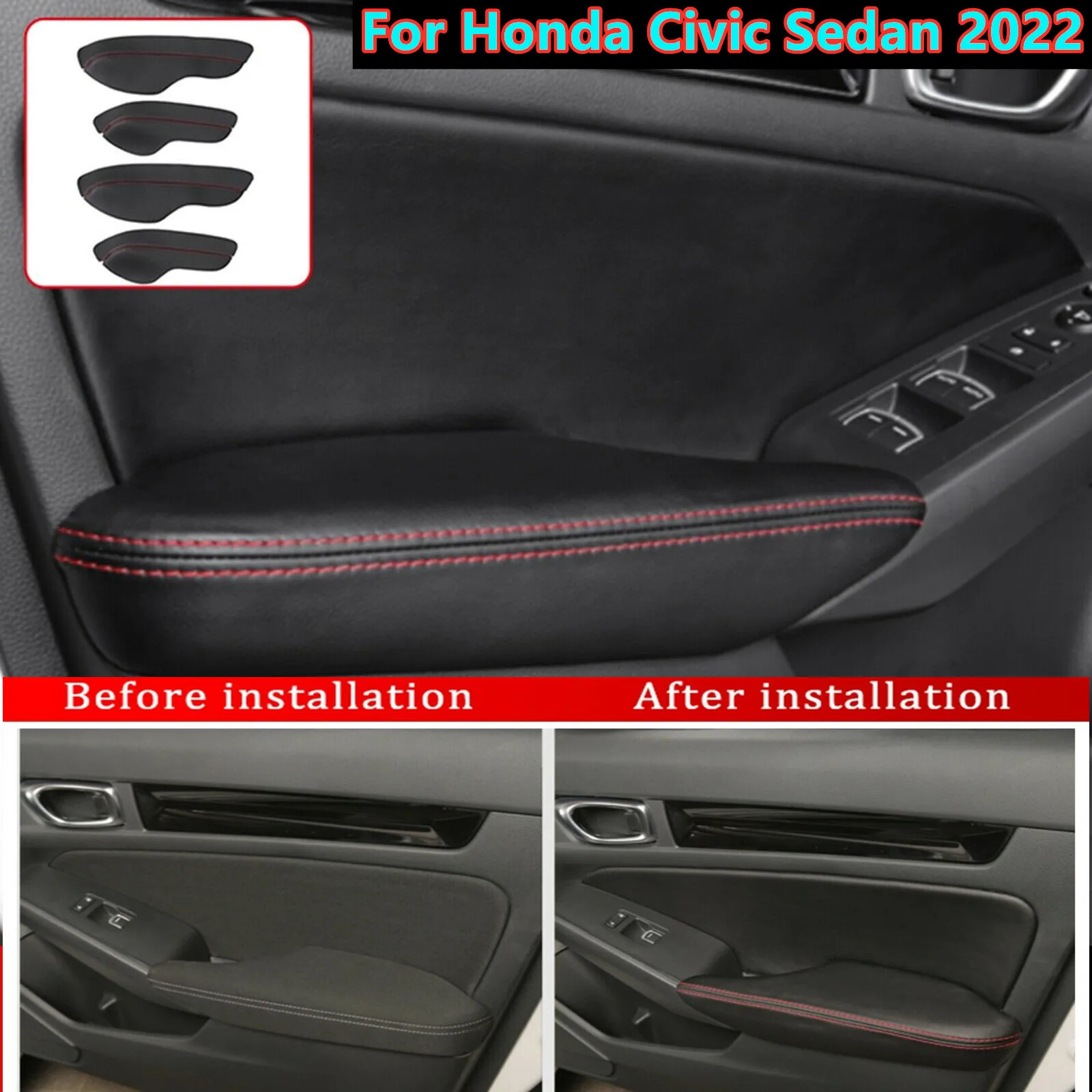 

For Honda Civic Sedan 2022 4Pcs Door Armrest Replacement Cover Black PU leather