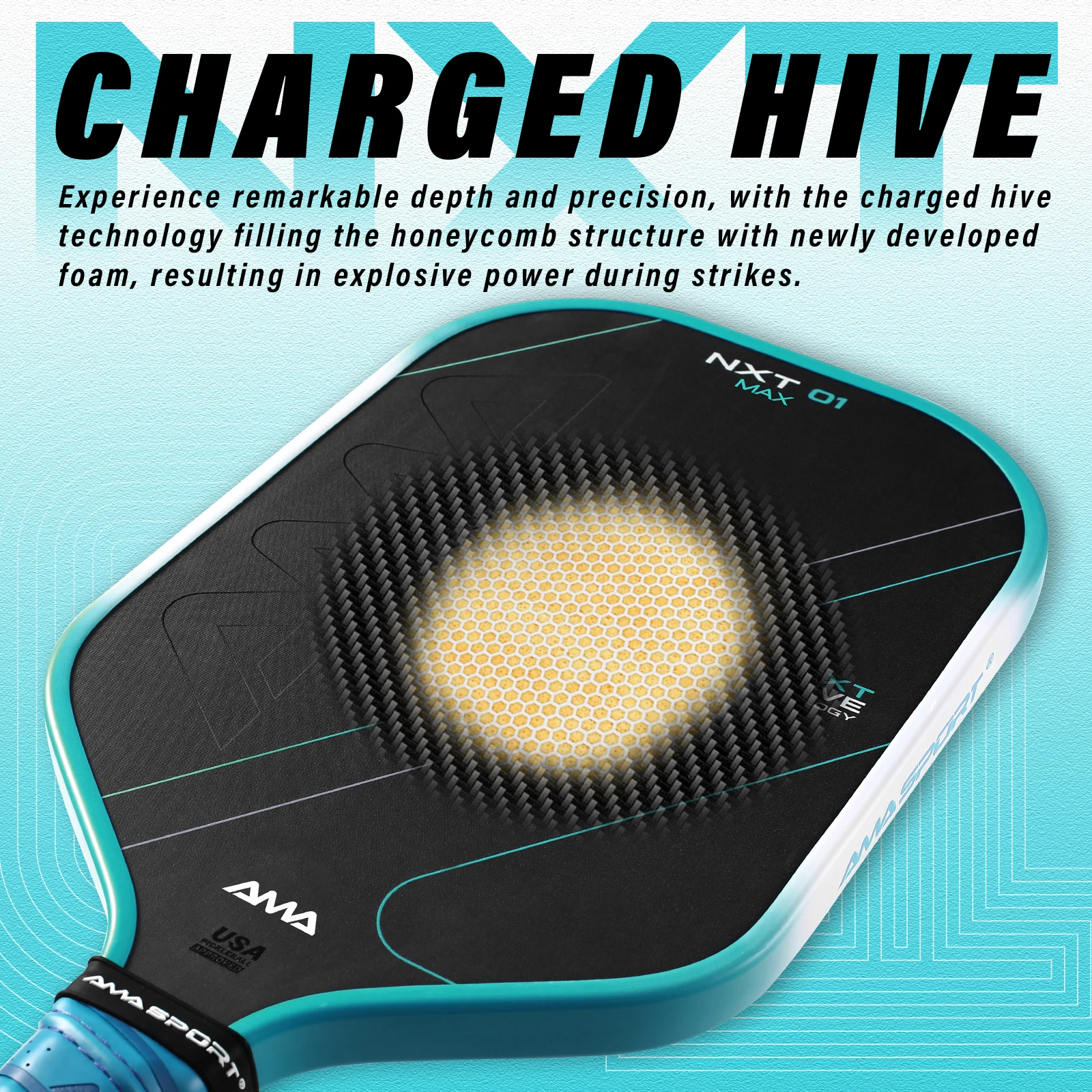 AMASPORT NXT01 MAX Raw Carbon Fiber Pickleball Paddle with16MM Charged Hive Core USAPA Approved for Control Spin & Consistency