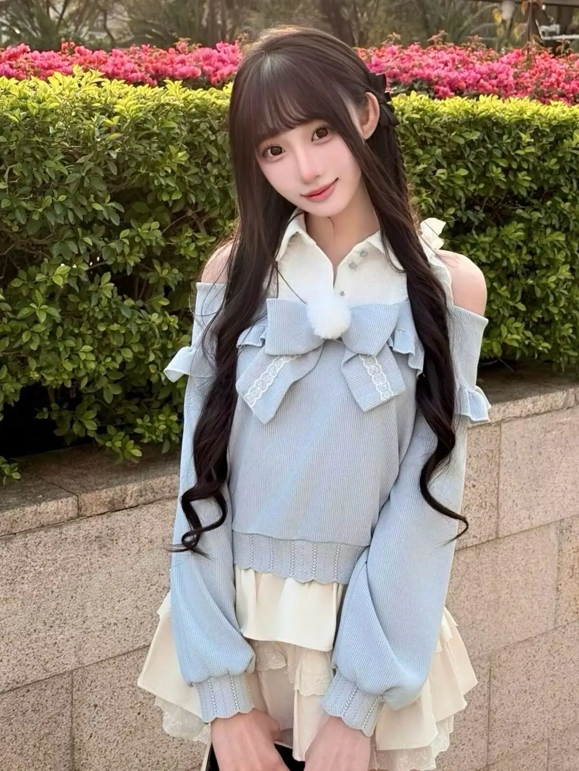 Sweet Kawaii Lolita Japanese Women's Fall Winter Off-Shoulder Knit Sweater High-Waisted Puffy Cake Skirt Girly NANA Style Outfit