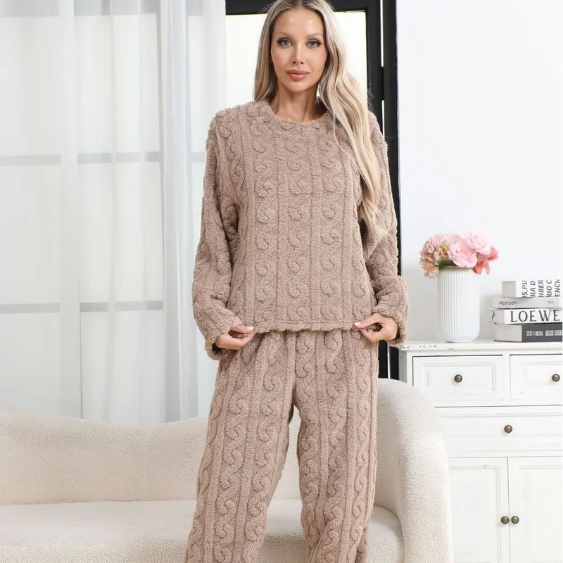 Ribbed Knit Womens Pajama Set, Solid Color Flannel Sleepwear with Textured Fabric, Casual Loungewear for Fall Winter