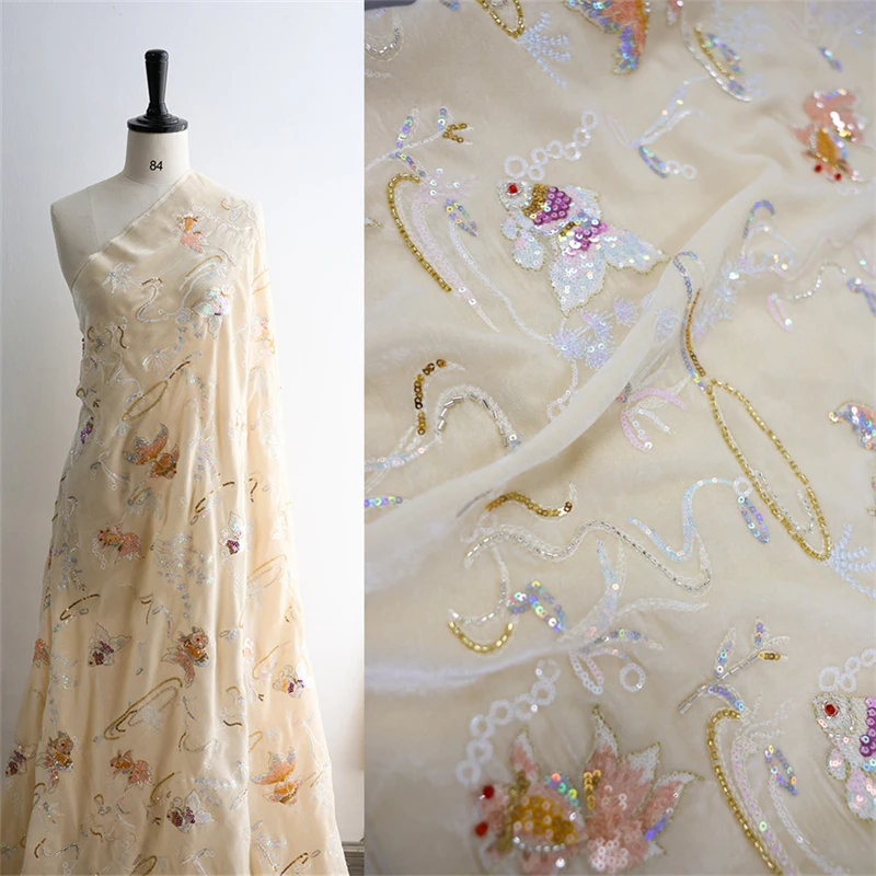 Autumn Silk Velvet Underwater World Heavy Industry Nail Bead Embroidery Luxury Dress Cotton Clothing Silk Fabric 135 Width Satin