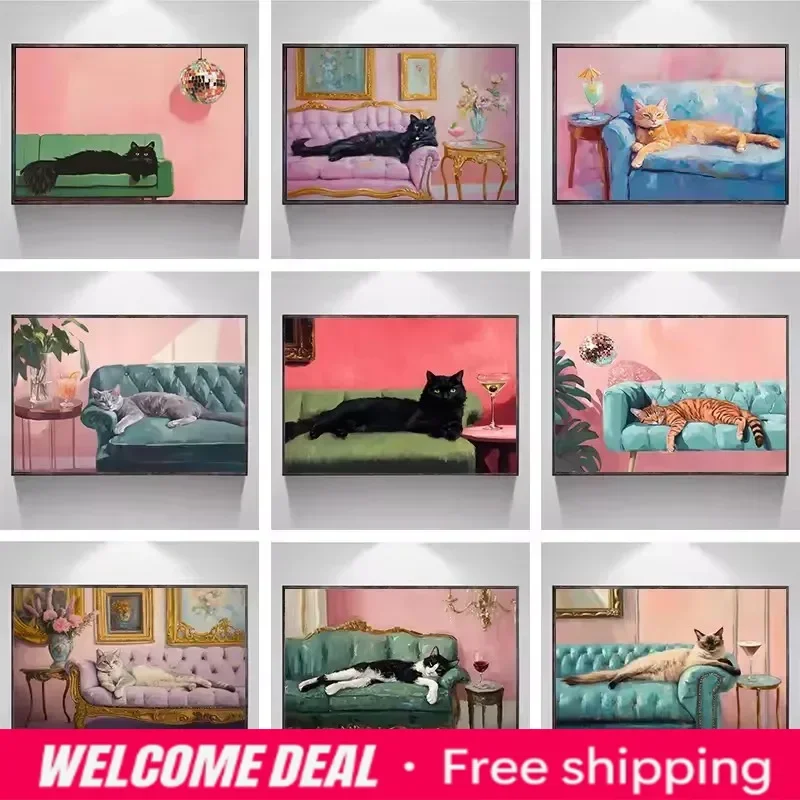 2026  Vintage Trendy Cute Black Cat with Disco Ball&Tropical Drink Cocktail Poster Canvas Painting Wall Art Pictures Home Dec