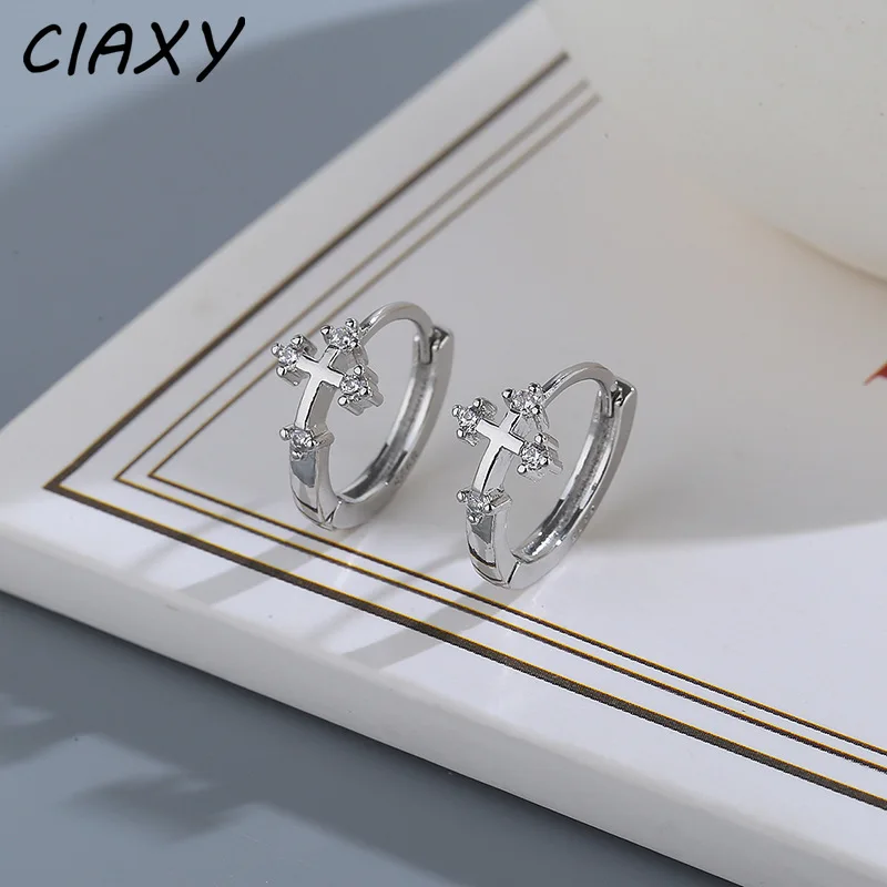 CIAXY Silver Color Cross Ear Hoop Earrings for Men and Women Couples Personality Zircon Ear Buckle Punk  Jewelry