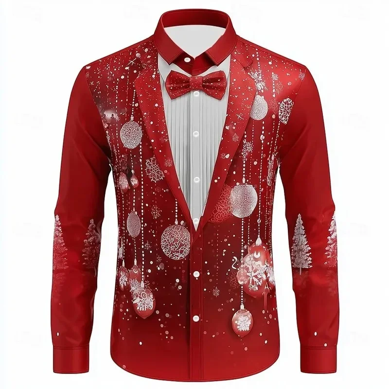 Christmas themed men's fake two-piece shirt Christmas reindeer snowman comfortable fashionablehigh-quality printed long