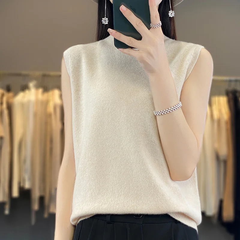 100% Merino Wool Women\'s Semi-turtleneck Sleeveless Pullover Solid Color Basic Women\'s Sweater Knit Top