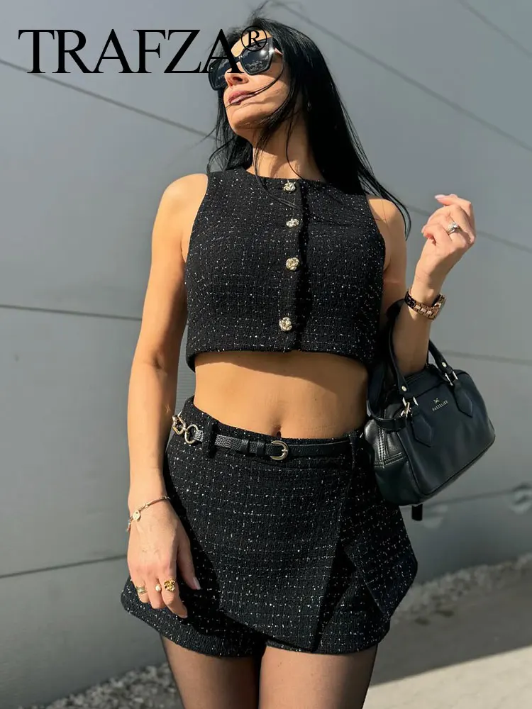 TRAFZA 2024 Female Set Black O-Neck Sleeveless Button Single Breasted Waistcoat+High Waist Belt Shorts Summer Suit Woman Trendy