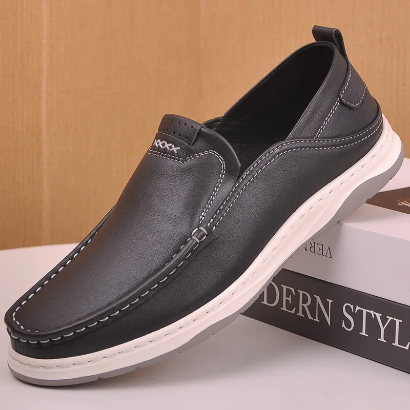 Young, fashionable, casual men's leather shoes, comfortable, breathable, Korean style genuine leather light-soled cowhide shoes