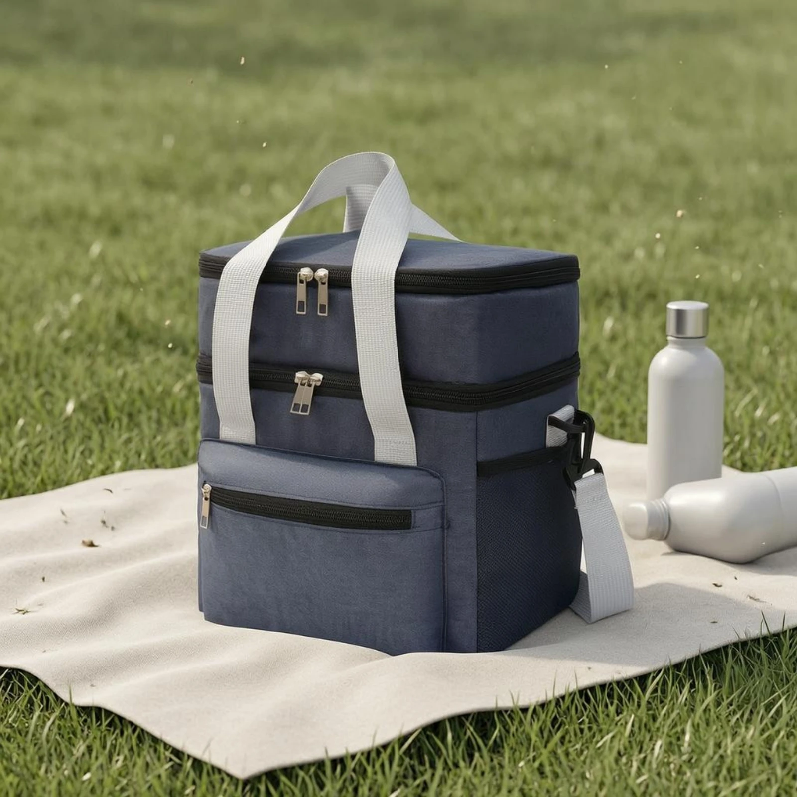 

Insulated Lunch Bag Zipper Closure Double-Layer Lunch Bag Food Carrier Side Mesh Pockets Reusable