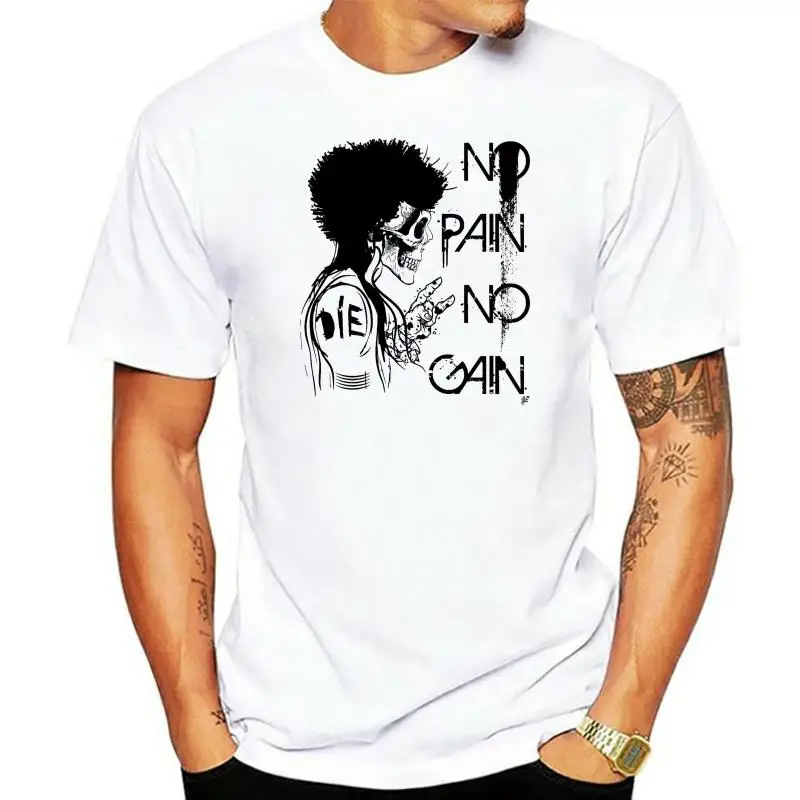 Newest 2020 Men Fashion Skull with Afro Hair Style No Pain No Gain Mens T-Shirt Hot Tee Shirt