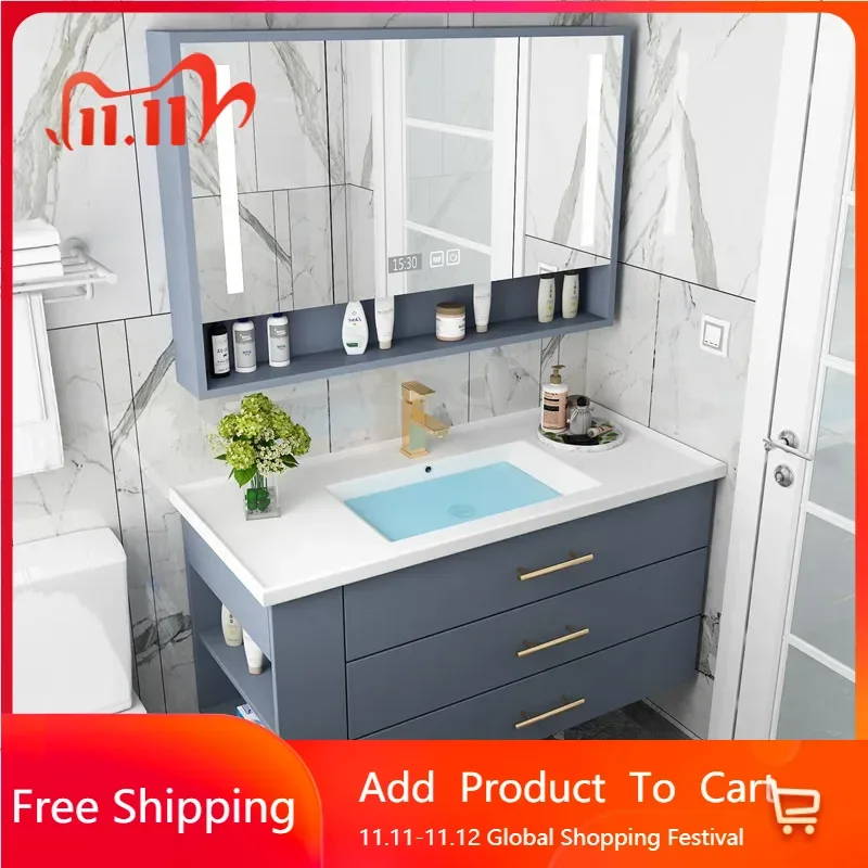 

Luxury Bathroom Cabinets with Sink Smart Mirror Integrated Ceramic Washbasin Bathroom Vanity Organizer Gabinete Trendy Furniture