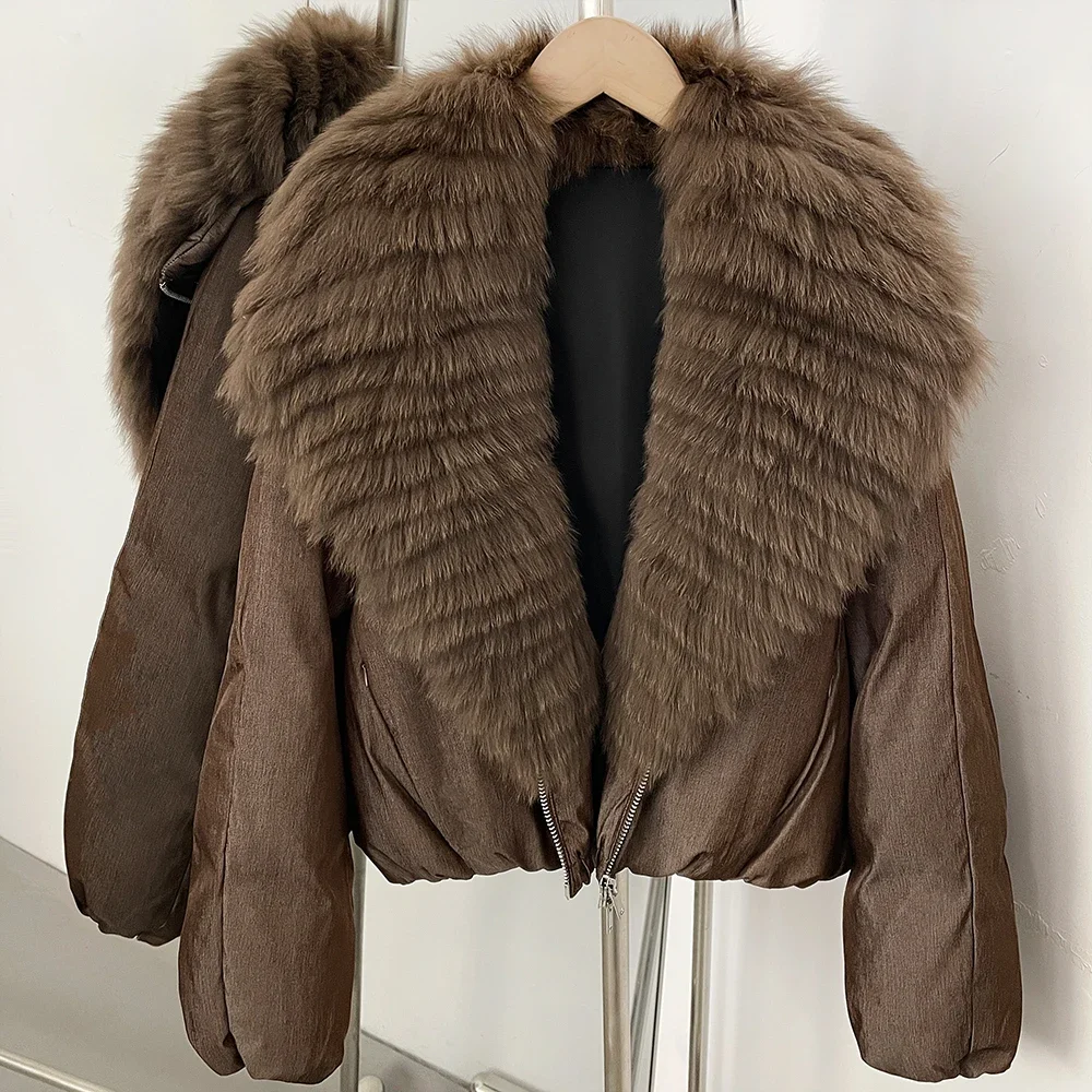 OFTBUY Kurzer, lockerer Puffermantel, gemütliche Oberbekleidung, Wintermantel mit kaskadierendem Fuchspelzkragen, Damen-Satin-Reißverschluss-Daunenjacke. – Detail 13