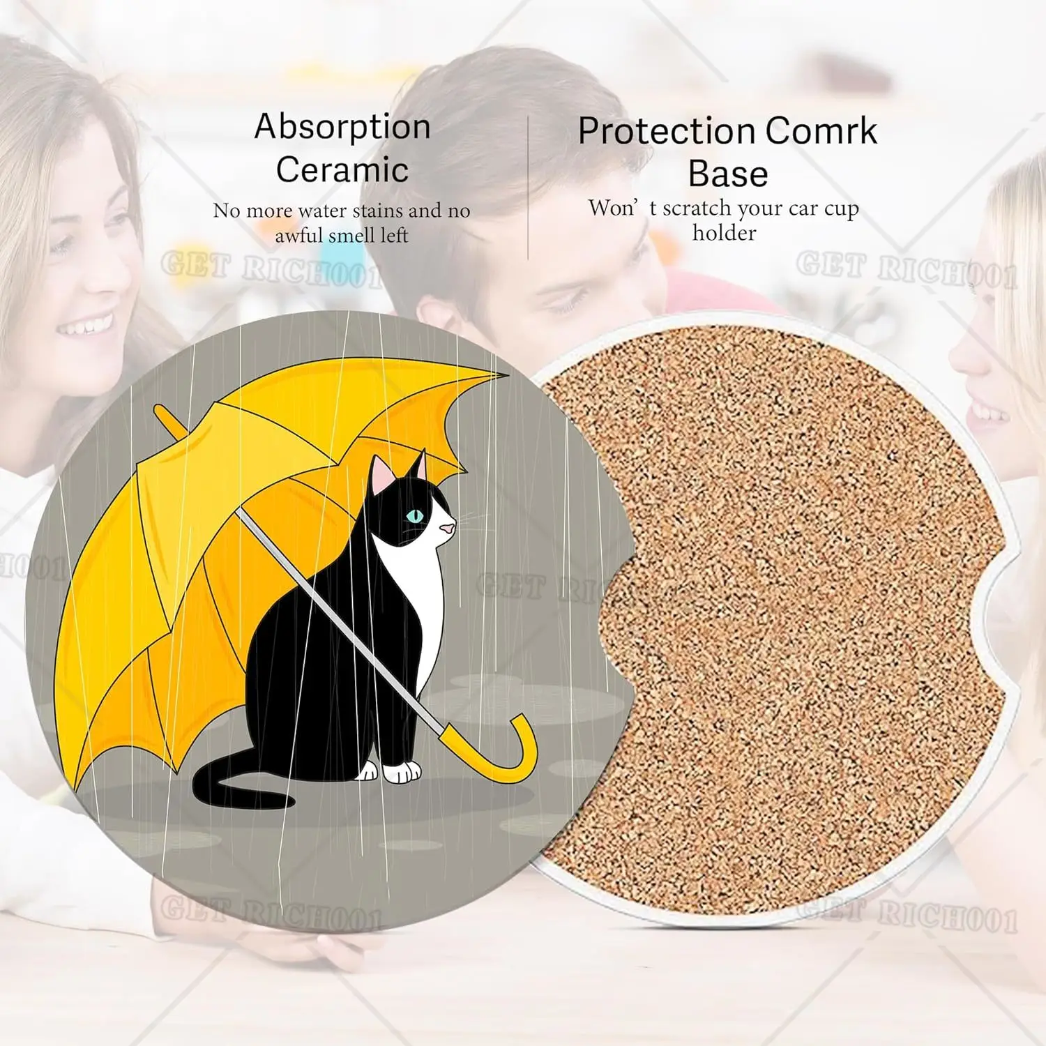 Black Cat Rainy Car Coasters for Cup Holders Absorbent Ceramic Coaster with Cork Back Car Accessories Gifts for Men Women