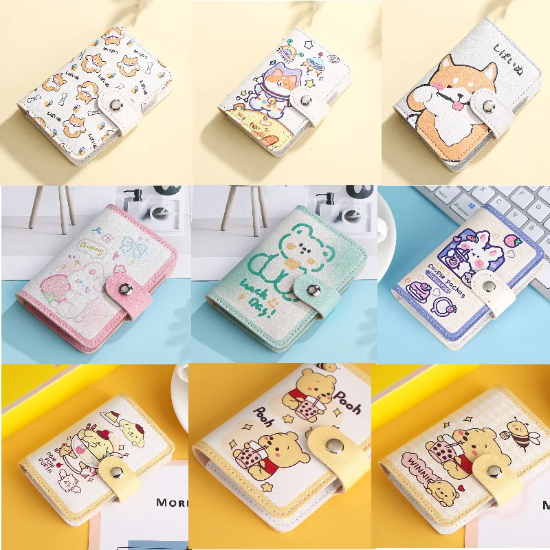 Urso Kawaii PU Titular do cartão de couro, Bonito Multi Grids, ID do negócio, Caixa de cartão de crédito, Porta-cartões Photocards, Carteira Portátil Pequena