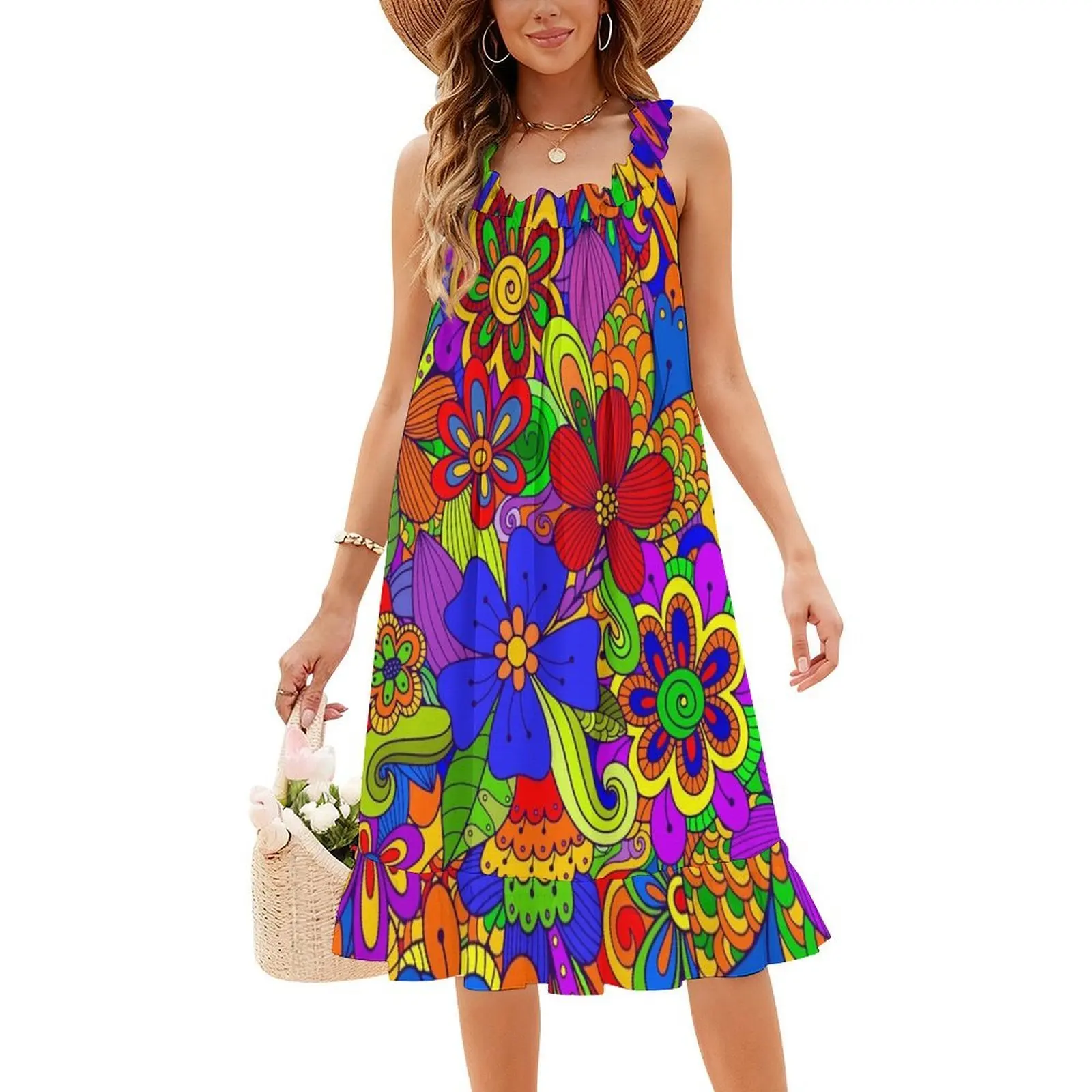 فستان بوهو أنيق بتصميم جرافيكي ملون على شكل زهرة جميلة، فستان أنيق لحفلات الزفاف على الشاطئ، زهور قوس قزح ريترو #4
