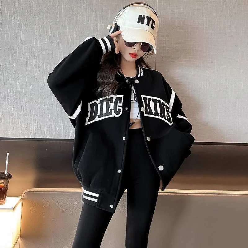 2023 New Fall Baseball Jacket Spring Girls Cartoon Letter Print Coats Kids Fashion Sport Outerwear Children\'s Clothing 4-14 Year