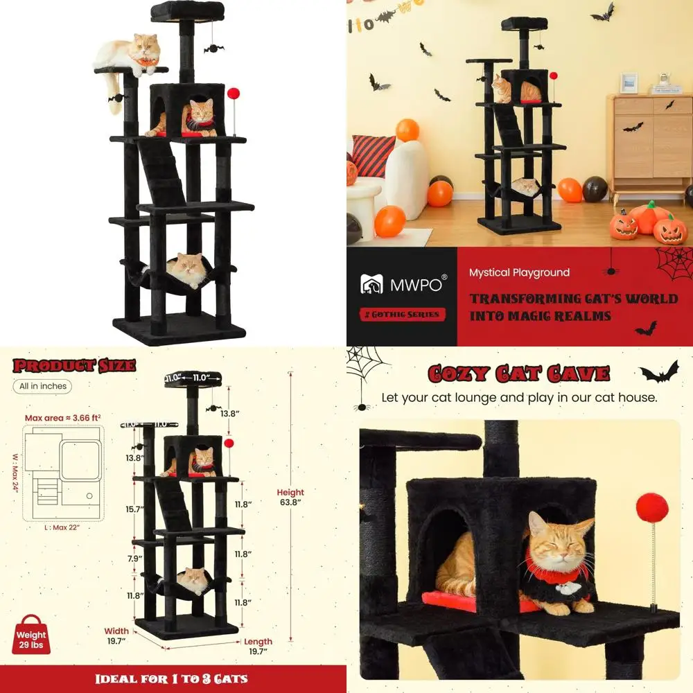 

indoor multi-level cat tower, 63.8 inches tall, with sisal scratching posts and padded platforms