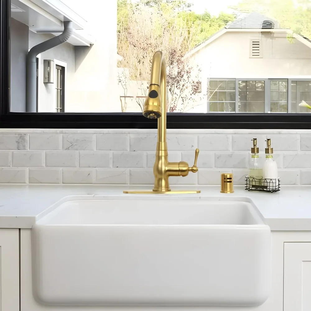 Single Level Solid Brass Pull-Down Kitchen Faucet with Deck Plate in Brushed Gold Finish