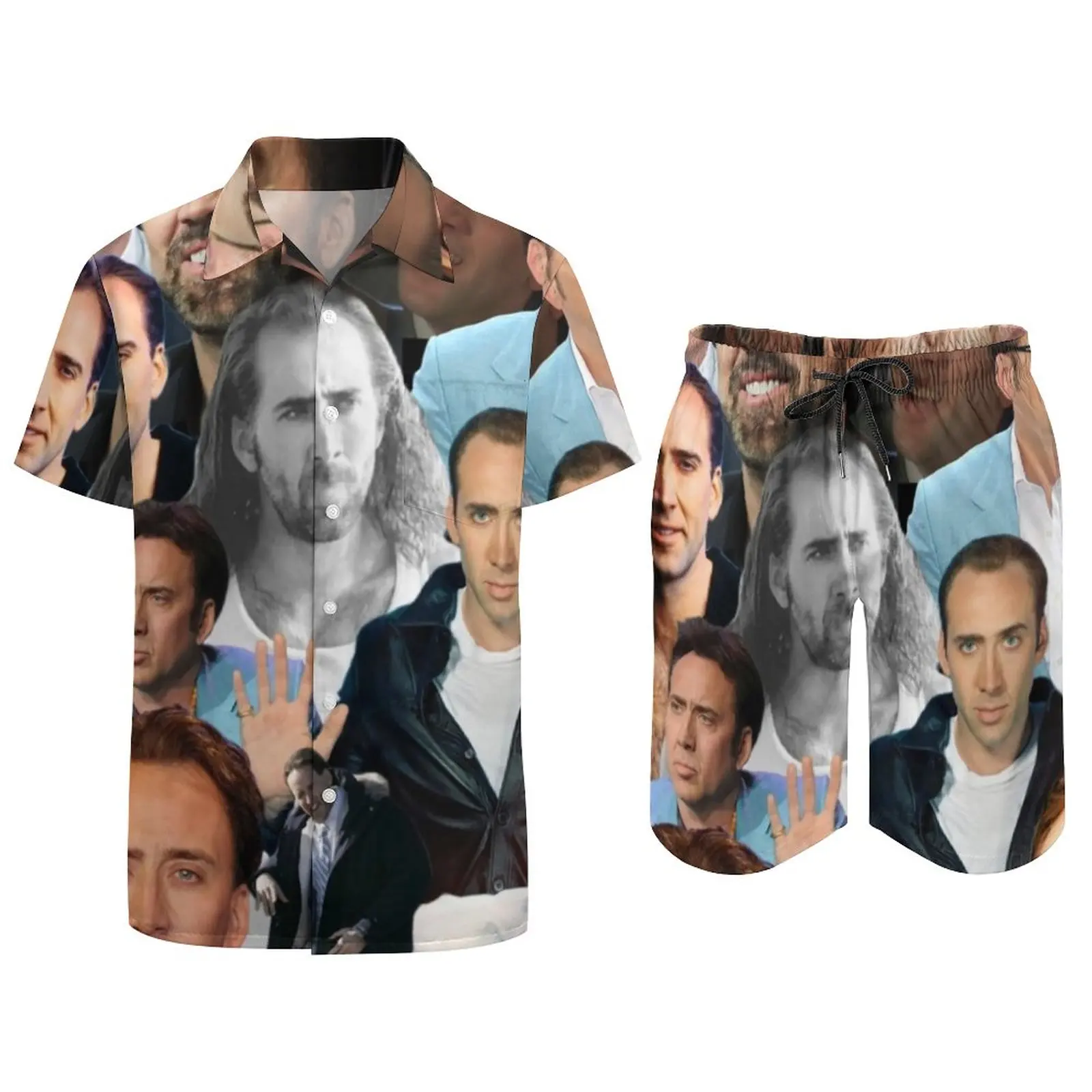 2025 Nicolas Cage Camisa hawaiana Conjuntos para hombres Divertido estampado de meme Conjunto de camisa casual Patrón de verano Pantalones cortos Traje hawaiano de 2 piezas Plus