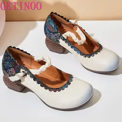 GKTINOO 2024 Spring Flower Genuine Cow Leather Shoes Women Shoes Elegant Fashion Shoes Woman Retro Handmade Shoes High Heels