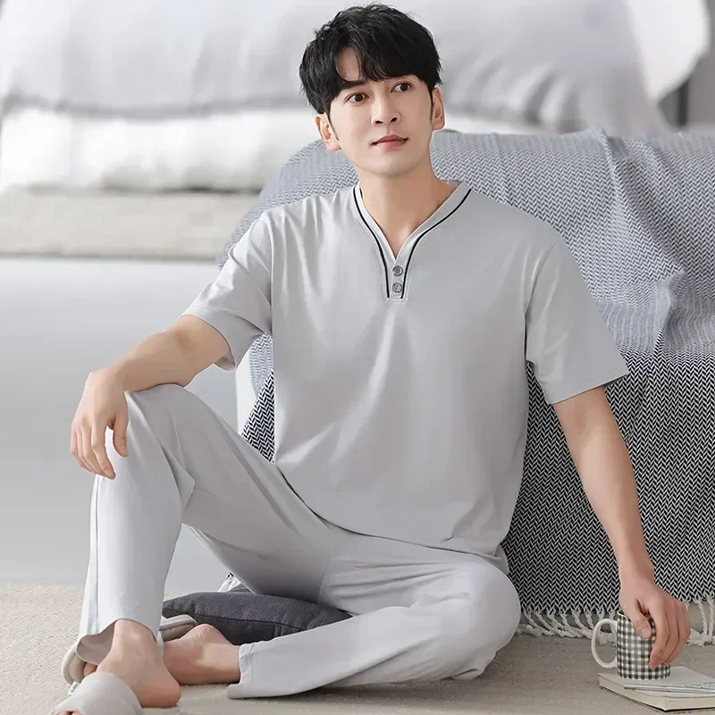 Pants Summer Tops+long Modal Newest Sleepwear Short Sleeve Set Pajamas Pyjamas 2pcs Men