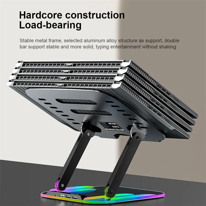 Soporte de aleación para ordenador portátil, Base de luz RGB con HUB 3 puertos USB 2,0, Base de Elevación plegable para Notebook