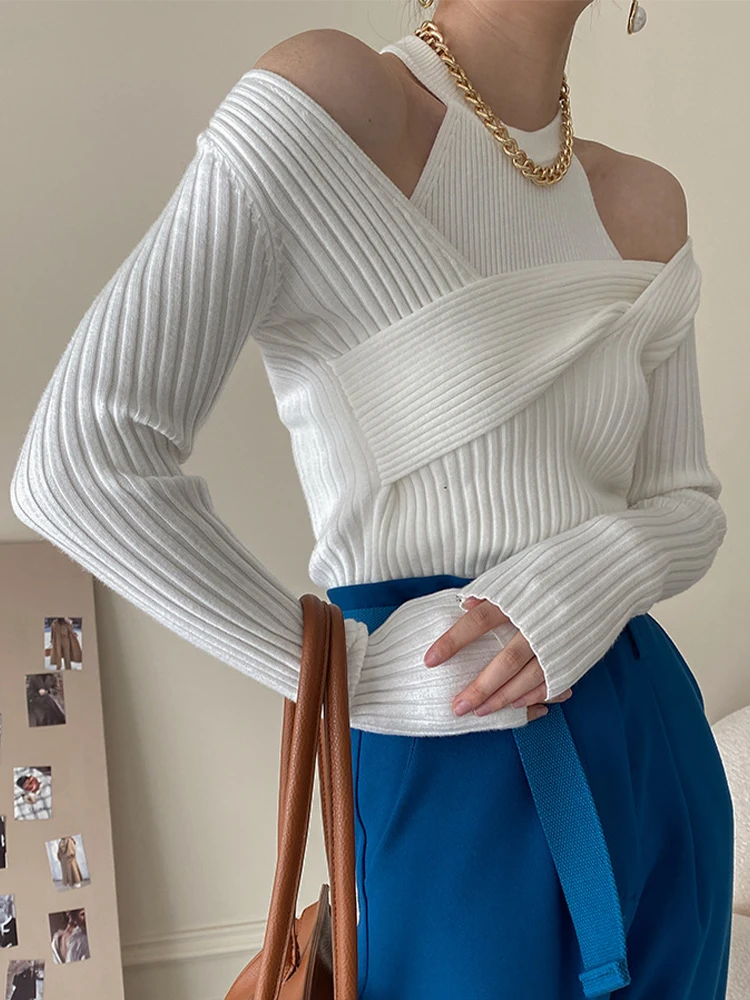 Sexy Off-shoulder Pullover Women Autumn Halter Knitted Sweater Female Elegant Fashion Short Jumpers Ladies French Knit Tops