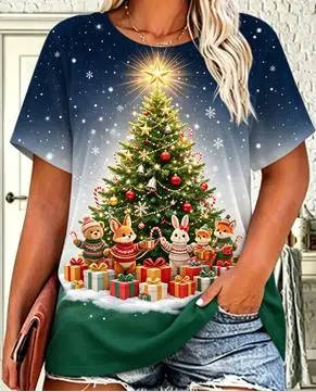 Women Christmas Gingerbread Man House T‑Shirt, Candy Town Graphic Casual Short Sleeve Tee for Holiday Daily Party Outfit