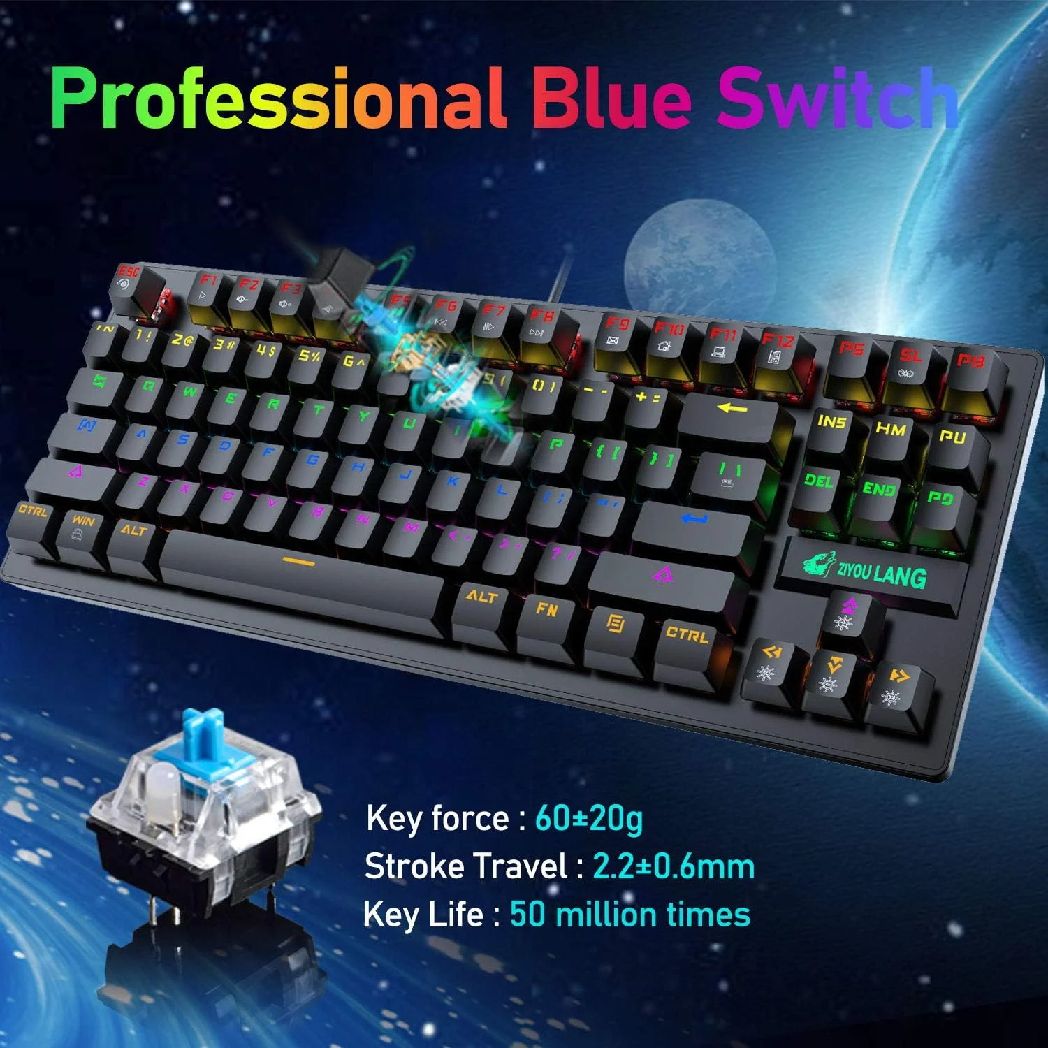 K2 Gaming Keyboard and Mouse Set Mechanical Blue Switch Mini 82 Keys Wired Rainbow LED Backlit Keyboard,Lightweight Mouse