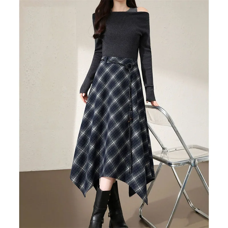 تنورة صوفية للسيدات لربيع وخريف 2026 تنورة كورية جديدة عالية الخصر ثنى طويلة على شكل حرف a غير منتظمة مظلة منقوشة تنورة نسائية #5