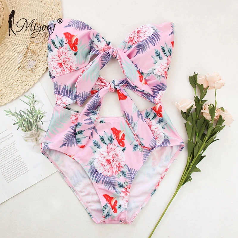 Miyouj Pink Color Swimwear Women Sexy Swimsuits Hollow Out One Piece Suits High Waist Beachwear