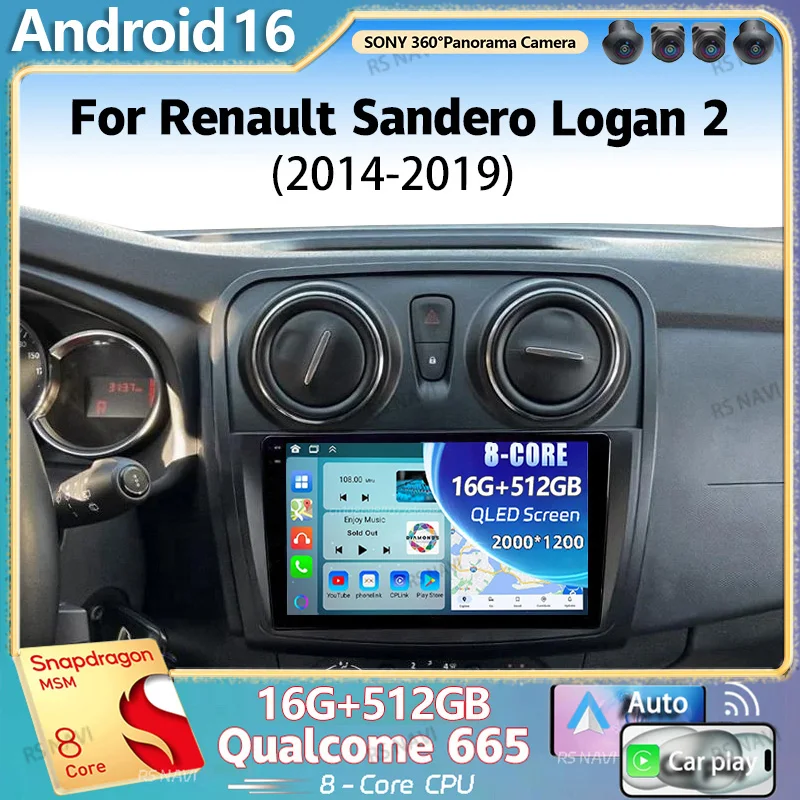 Android 16 2K QLED Autoradio für Renault Sandero Logan 2 2014 - 2019 Multimedia-Videoplayer GPS AI Sprachsteuerung CarPlay 4G Stereo
