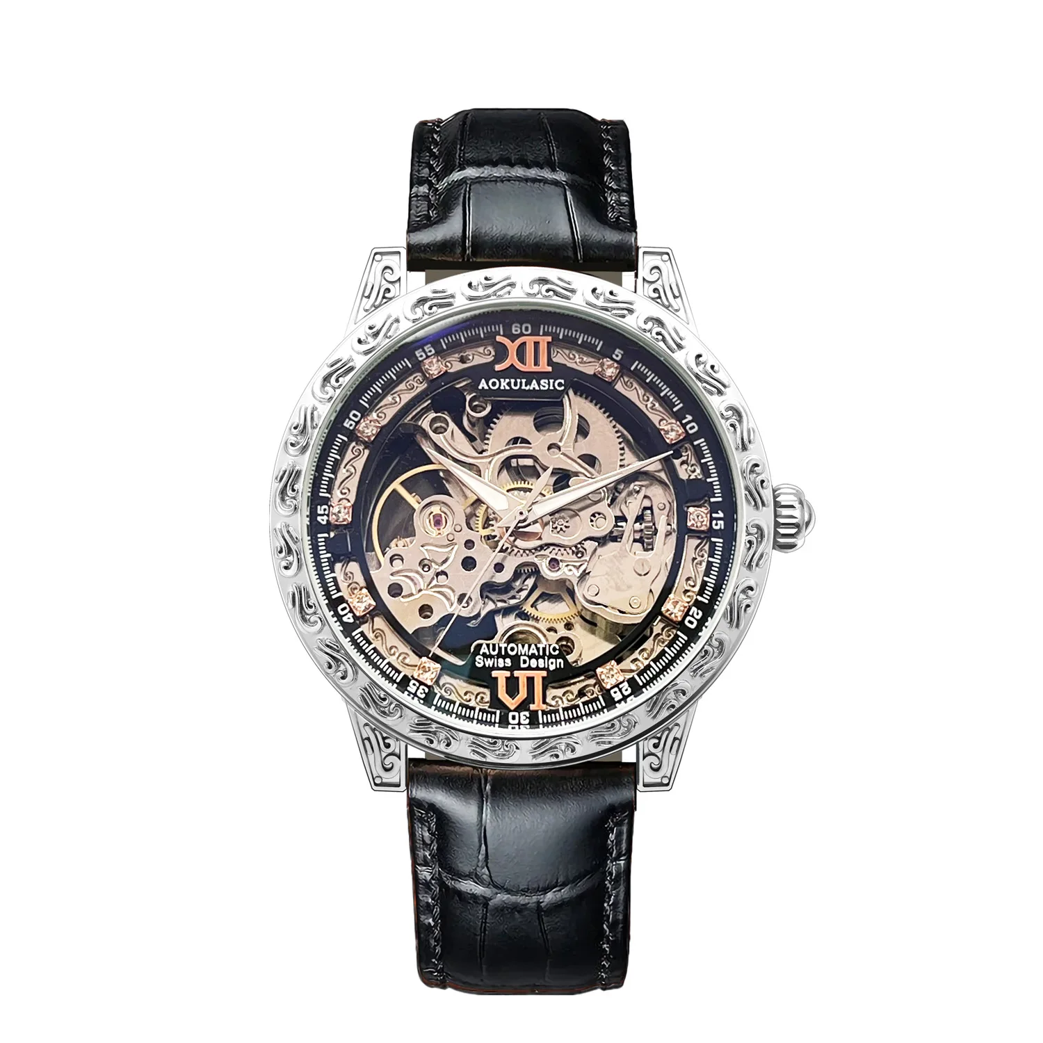 

AOKULASIC Skeleton Automatic Mechanical Watch Men Vintage Engraved Leather Strap Waterproof Luminous Luxury
