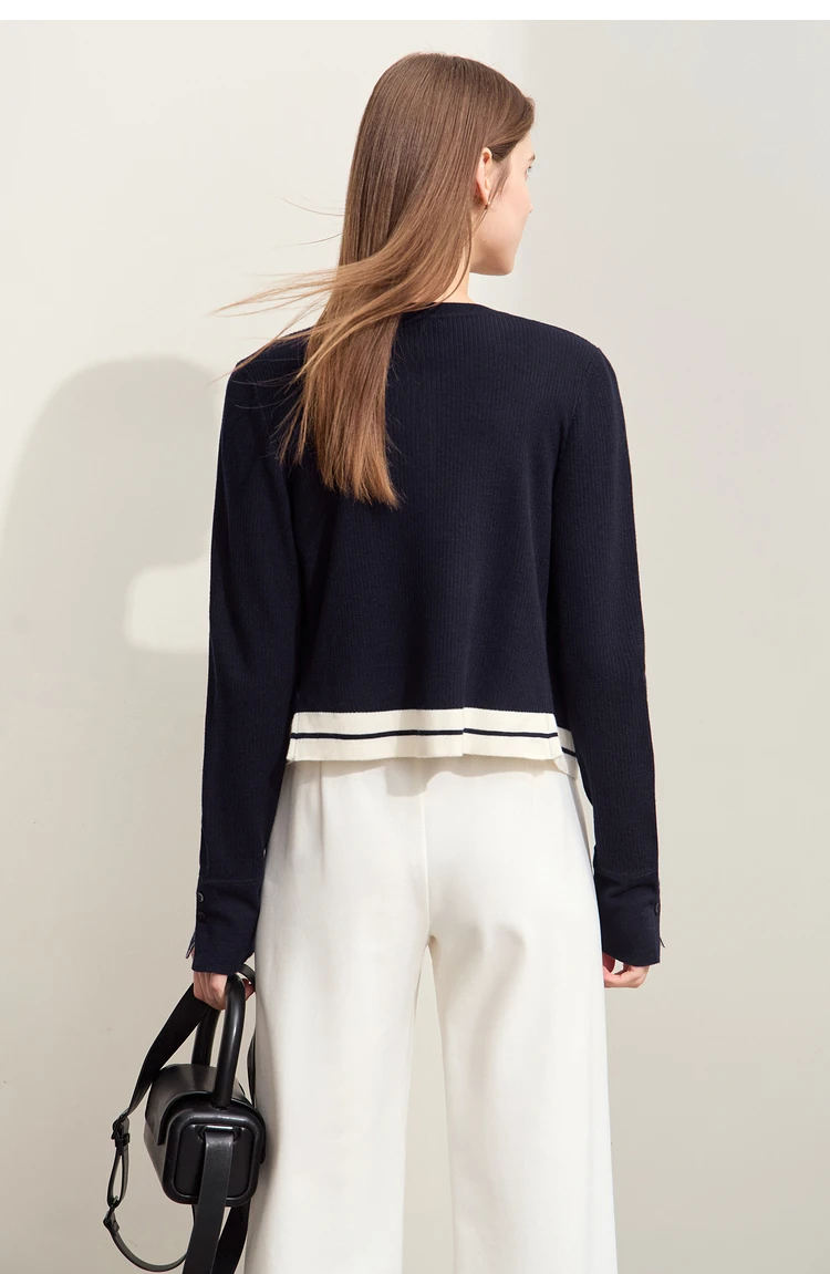 Amii Minimalism 2026 Strickjacke für Damen Herbst Neu Pendler O-Ausschnitt Gespleißte Kurze Wollstreifen Schlanke Langarm-Oberteile 12443022 – Detail 19