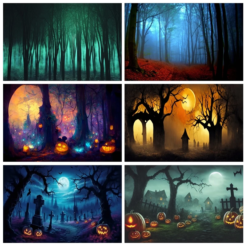 

Halloween Backdrop for Photography Scary Forest Castle Pumpkin Cemetery Child Portrait Photo Background Decor Photobooth Props