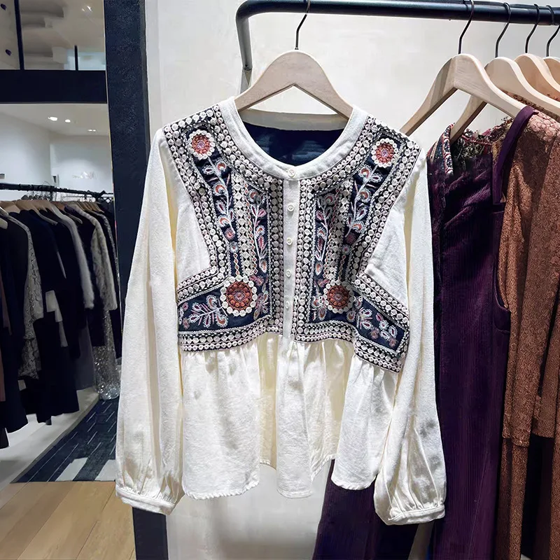 

【Gift Free】2025 Autumn Winter Bohemian Embroidered Lantern Sleeve Round Neck Two-Piece Look Pullover Blouse for Women