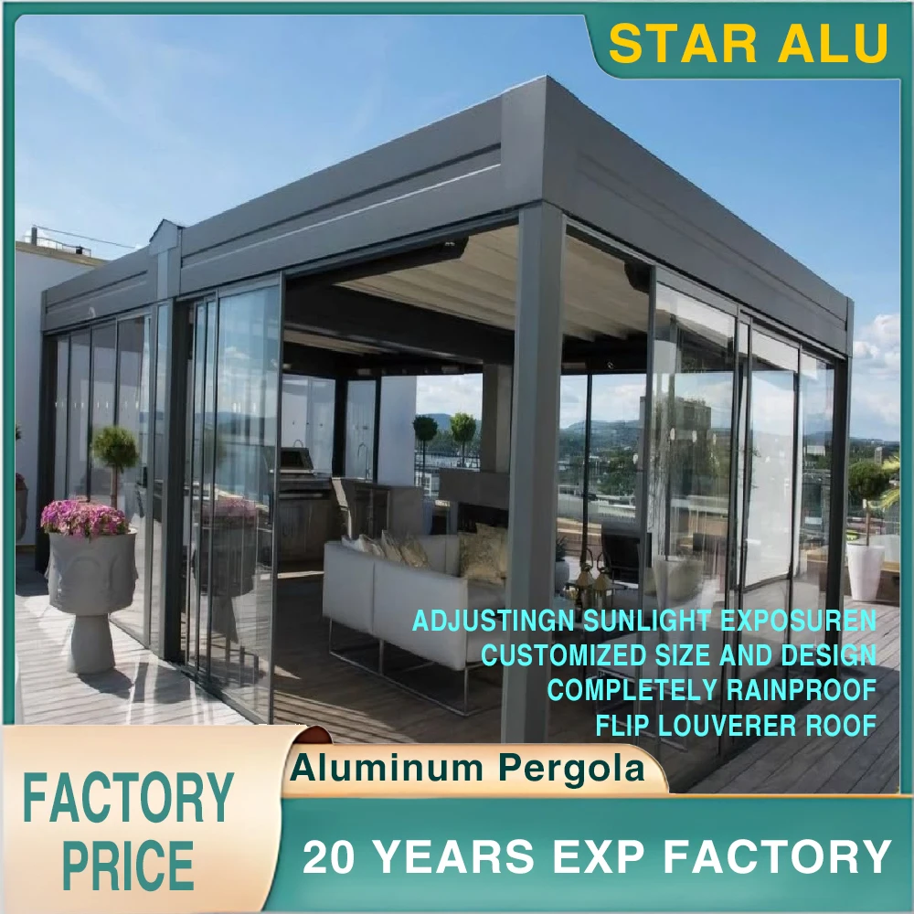 Contemporary Bioclimatic Pergola with Integrated LED Lights and Sliding Glass Panels – Garden, Patio, or Rooftop Installation