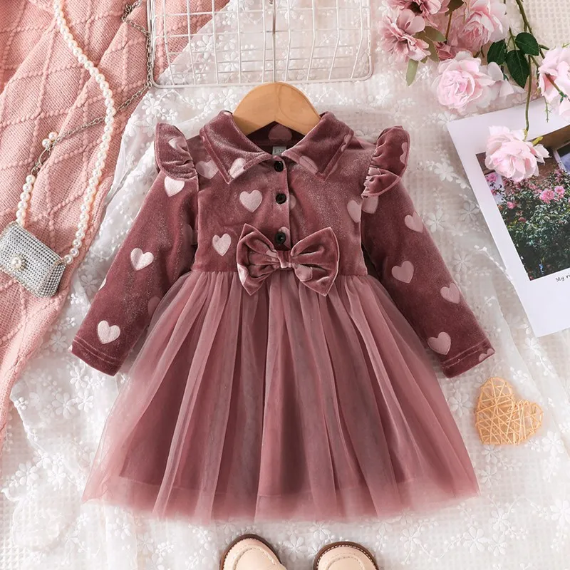 Toddler Baby Girl Party Dress Autumn Winter Velvet Heart Printed Mesh Patchwork Valentine's Day Princess Dress Infant Dresses