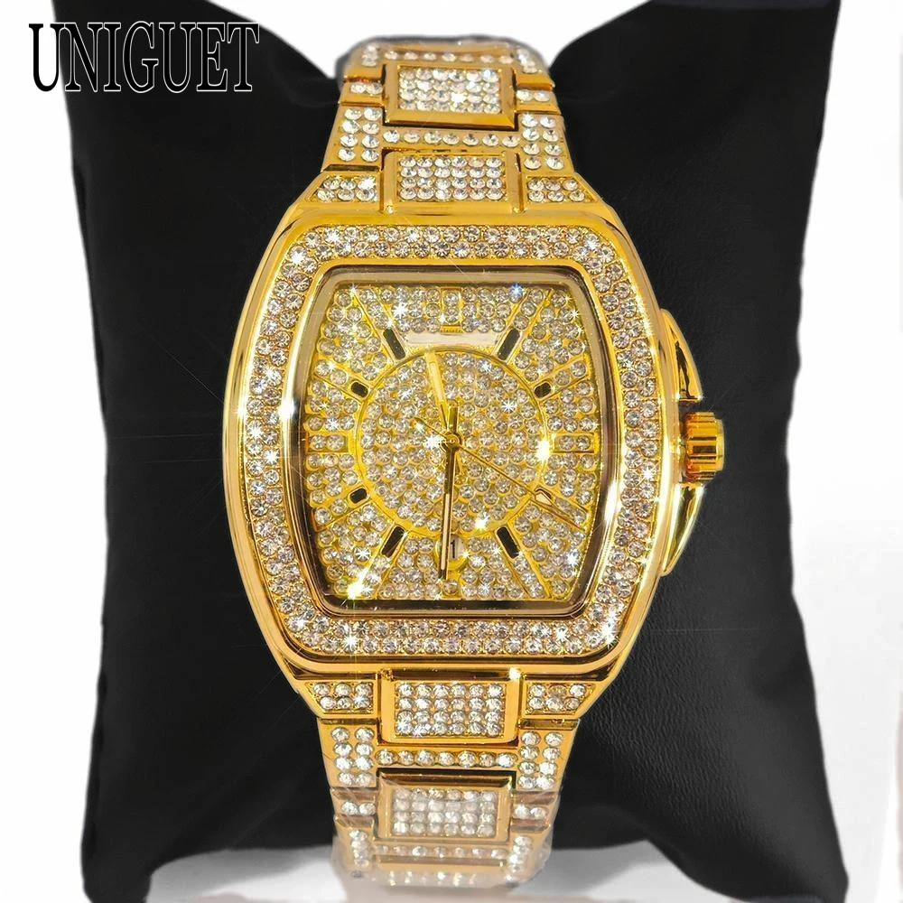 

2025 UNIGUET Luxury Gold Ice Watch For Men Fashion Hip Hop FUll Diamond Bling Jewelry Tonneau Wristwatch Man Dropshipping