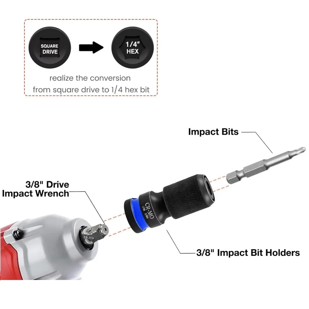

2pcs Socket Adapter for Impact Bit Applications with Hexagonal Knurled and Spring Loaded Sleeve for Rapid Bit Exchange