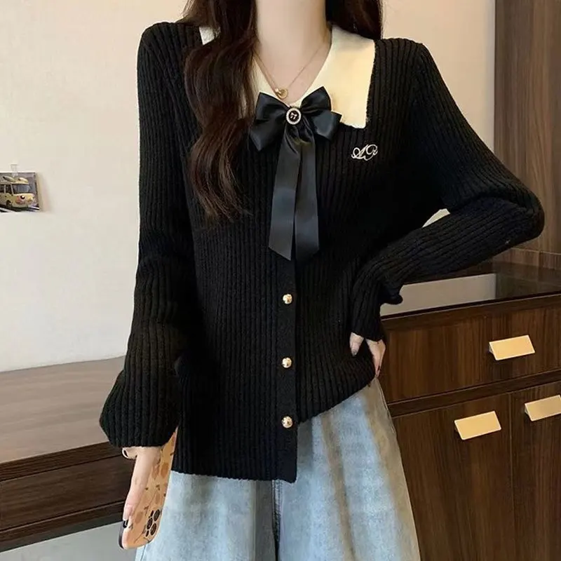 Preppy Style Doll Collar Bow Sweaters Female Clothing Stylish Single-breasted Autumn Winter Solid Color Loose Knitted Cardigan