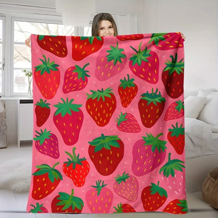 A Digital Printed Strawberry Pattern Turned Rough Knitting Blanket, Soft, Comfortable Warm Bedroom, Living Room, Office, Travel,